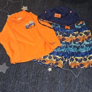 Vibrant Orange Rashguard with Floral Swim Shorts